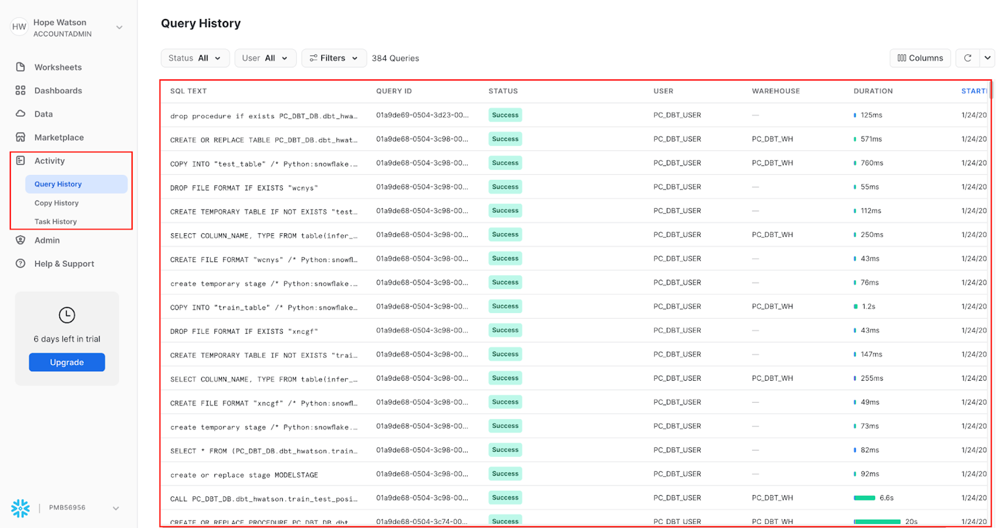 View Snowflake query history to see how python models are run under the hood